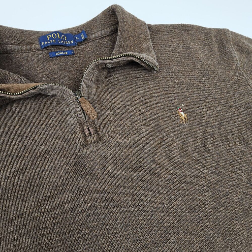 Polo Ralph Lauren Estate Rib Mens L Brown Quarter Zip Pullover Sweater Pony